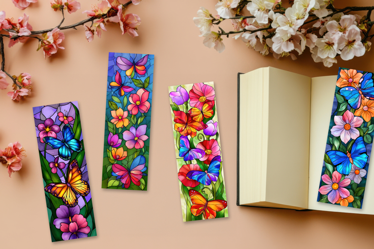 Stained Glass Butterfly and Blooms Printable Bookmarks