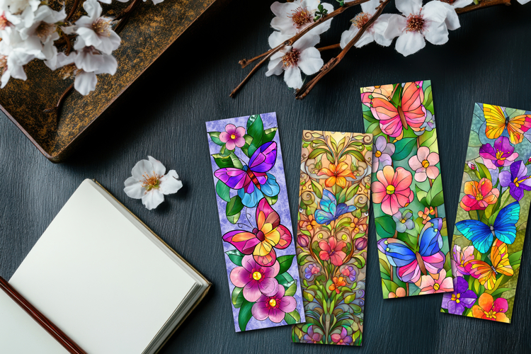 Stained Glass Butterfly and Blooms Printable Bookmarks