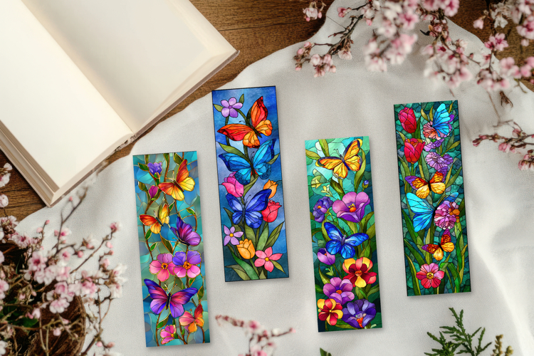 Stained Glass Butterfly and Blooms Printable Bookmarks