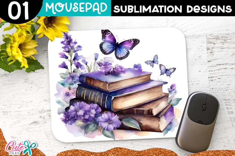 Books and Lavender Flowers Mouse pad Sublimation Design PNG