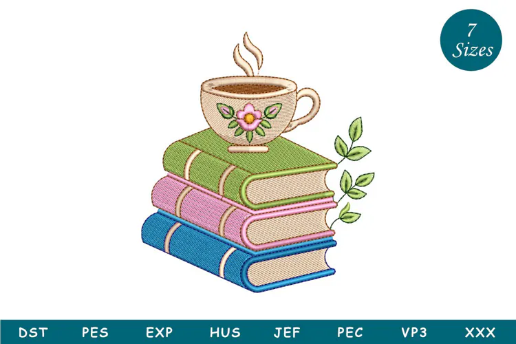 Book And Tea Embroidery Design