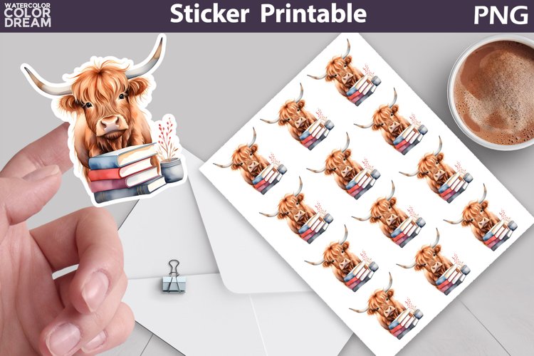 Books Highland Cow Sticker | Book Lover Sticker example image 1