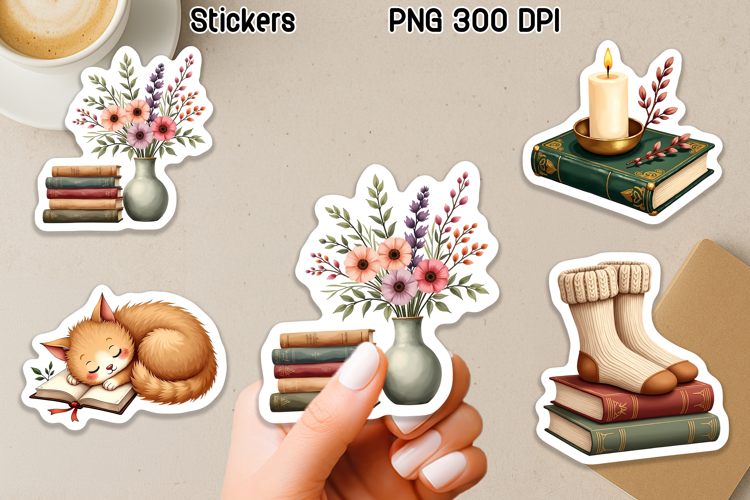 Cozy Bookish Stickers PNG, Cute Book Lover PNG