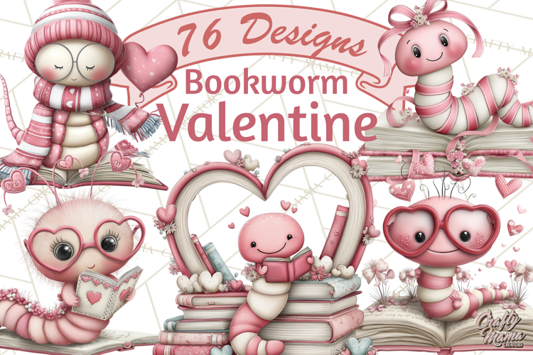 Valentine Reader Worm Clipart, Cute Bookworm Valentine Art