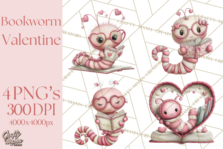 Valentine Reader Worm Clipart, Cute Bookworm Valentine Art