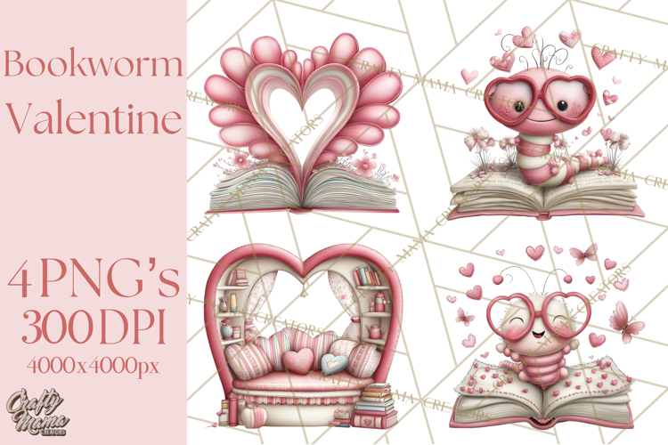 Valentine Reader Worm Clipart, Cute Bookworm Valentine Art