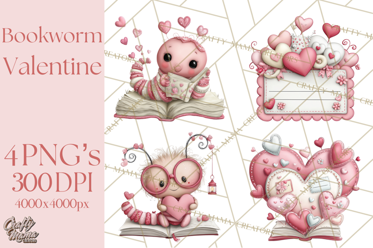 Valentine Reader Worm Clipart, Cute Bookworm Valentine Art