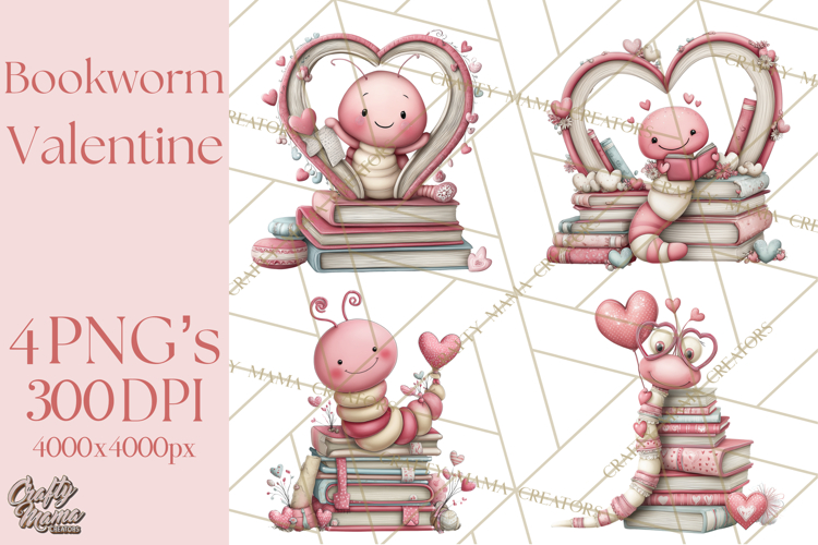 Valentine Reader Worm Clipart, Cute Bookworm Valentine Art