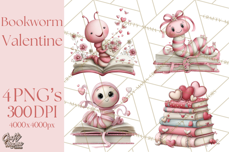 Valentine Reader Worm Clipart, Cute Bookworm Valentine Art