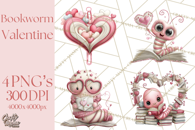 Valentine Reader Worm Clipart, Cute Bookworm Valentine Art