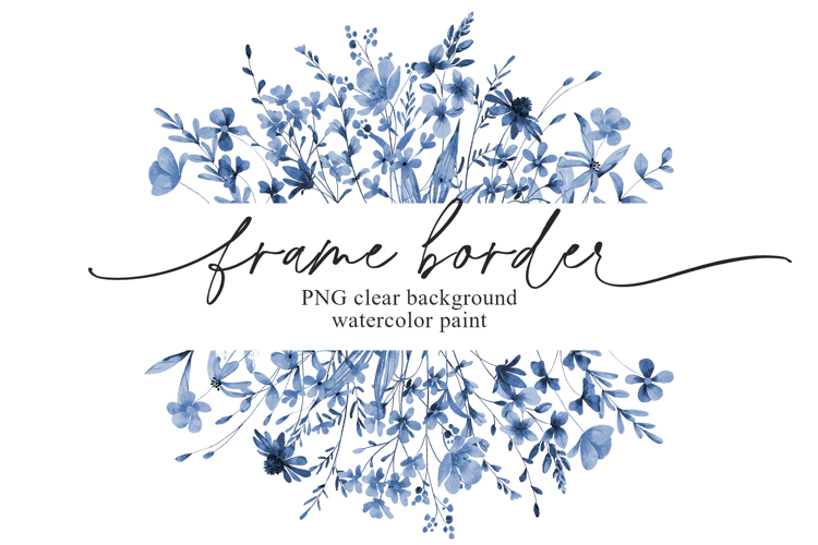 Watercolor blue flowers border, floral frame, clipart.