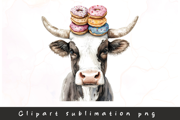 Watercolor cow with donut clipart sublimation png