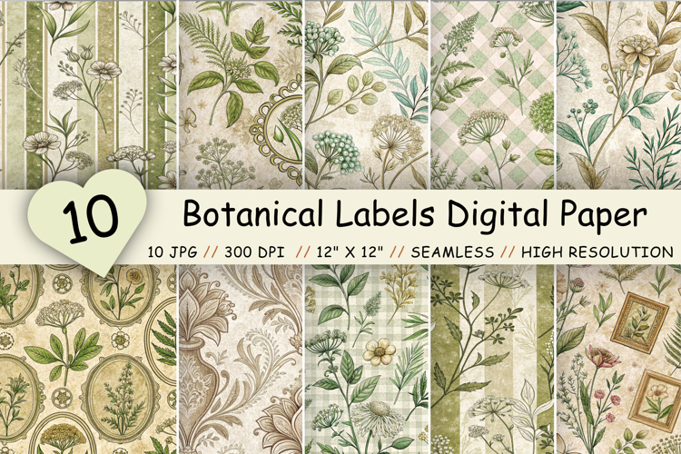 Botanical Labels Digital Paper Pack, Vintage Floral Label