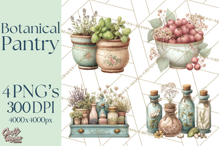 Botanical Cottage Pantry Clipart with Rustic Kitchen Herbs