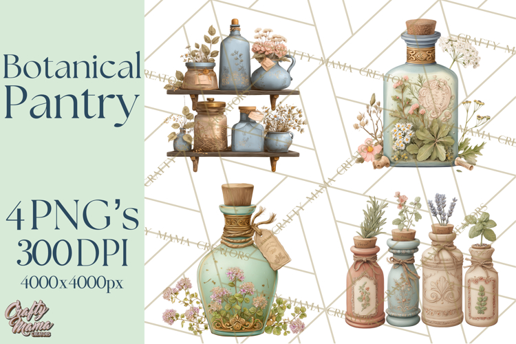 Botanical Cottage Pantry Clipart with Rustic Kitchen Herbs