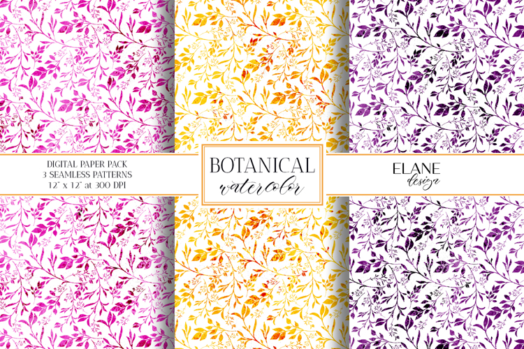 Floral Digital Paper, Botanical Watercolor Seamless Patterns