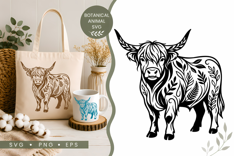 Botanical Highland Cow SVG | Floral Farm Animal Design