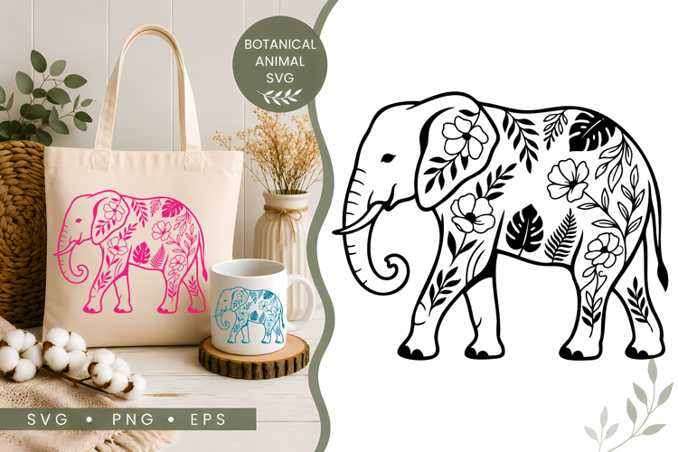 Botanical Elephant SVG | Floral Nature Animal Design
