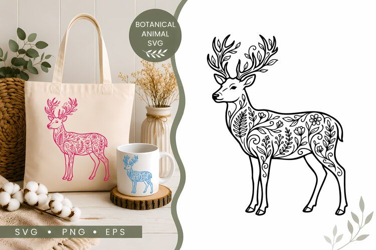 Botanical Deer SVG | Floral Stag Cut File example image 1