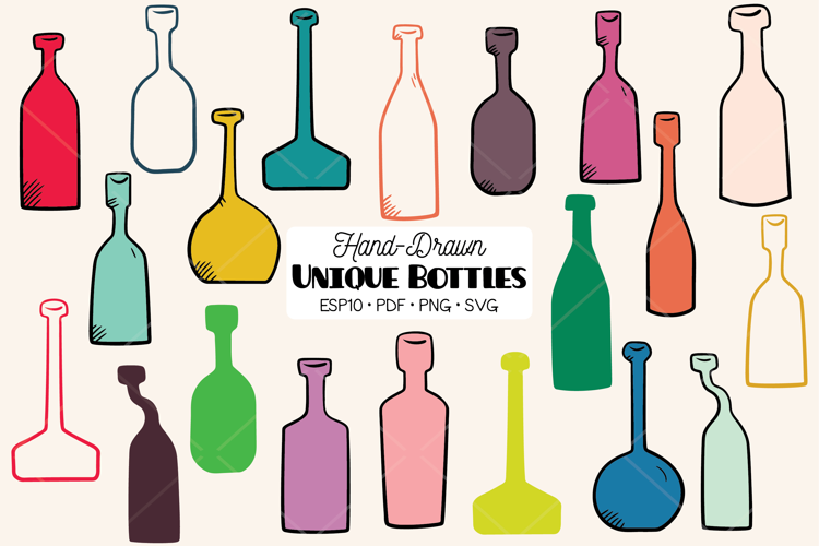 Colored Bottles | Hand Drawn Potion vials | Vintage Wine