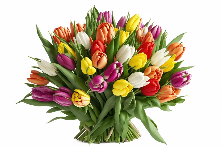 Spring tulip flowers. Bouquet of fresh colorful tulips