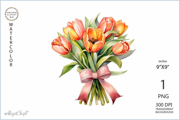 Bouquet of watercolor tulips| Spring flowers png| tulips