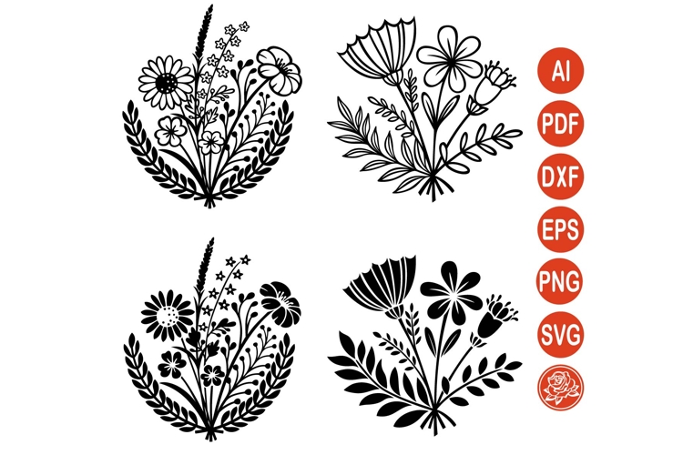 Wildflower Bouquet SVG Bundle: Black Line Floral Cut Files