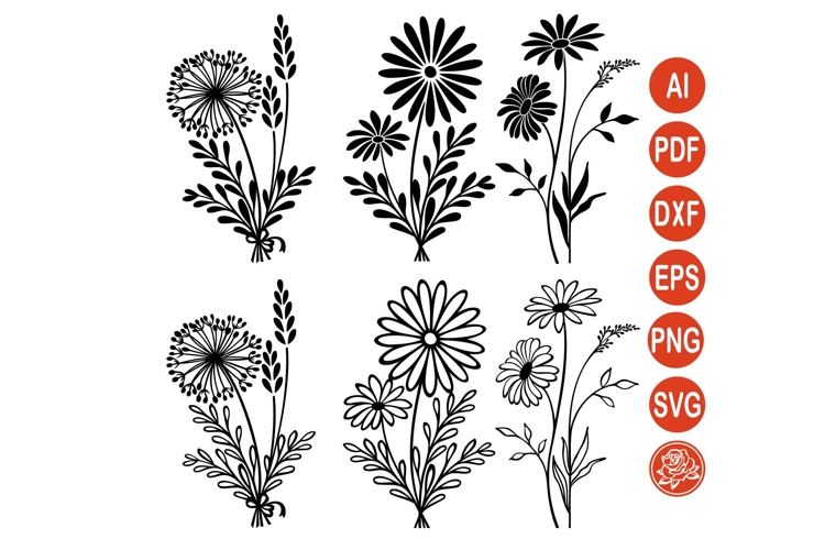 Wildflower Bouquet SVG Thin Line Art Isolated
