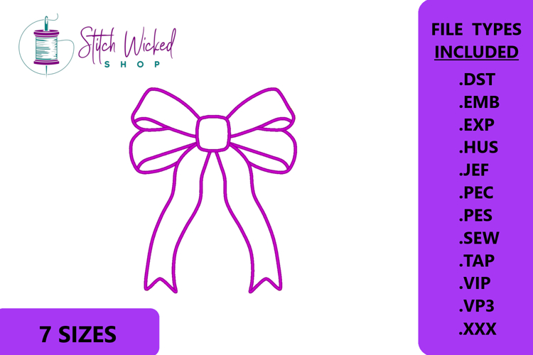Ribbon Bow Applique Embroidery Design, 7 Sizes