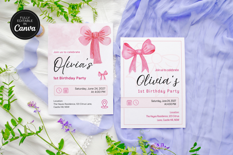 Editable Pink Bow First Birthday Invitation Canva Template