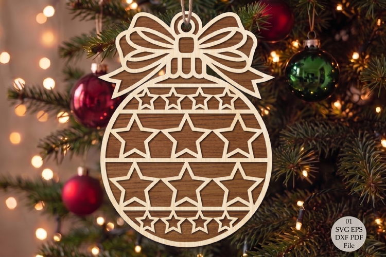Bow Christmas Ornament Laser Cut SVG, Star Pattern Wooden