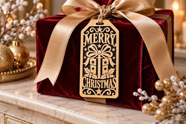 Bow Gift Box Tag SVG, Merry Christmas Laser Cut Holly example image 1
