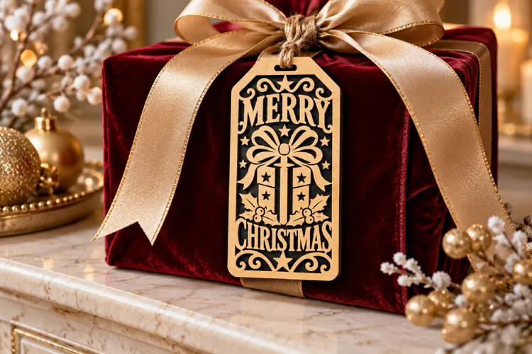 Bow Gift Box Tag SVG, Merry Christmas Laser Cut Holly