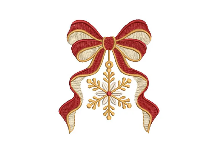 Snowflake Ornament Red Bow Christmas Embroidery Design