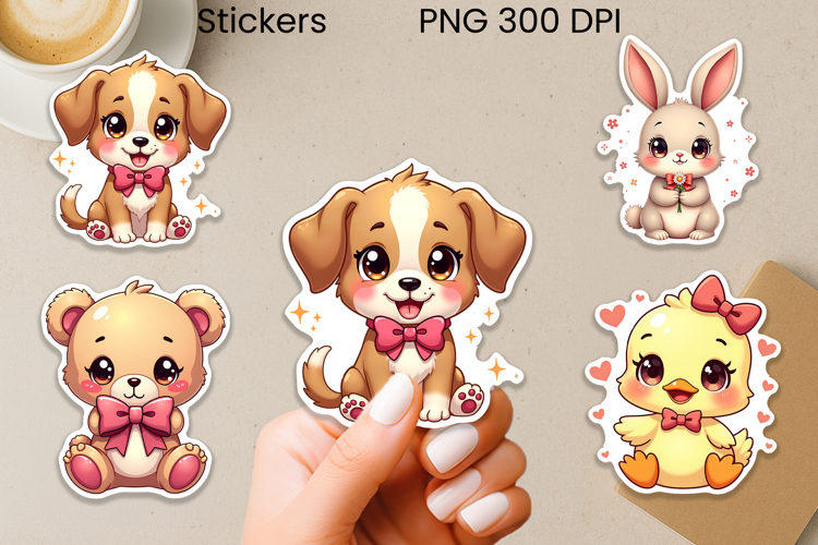 Cute animal pink bows stickers printable PNG design example image 1