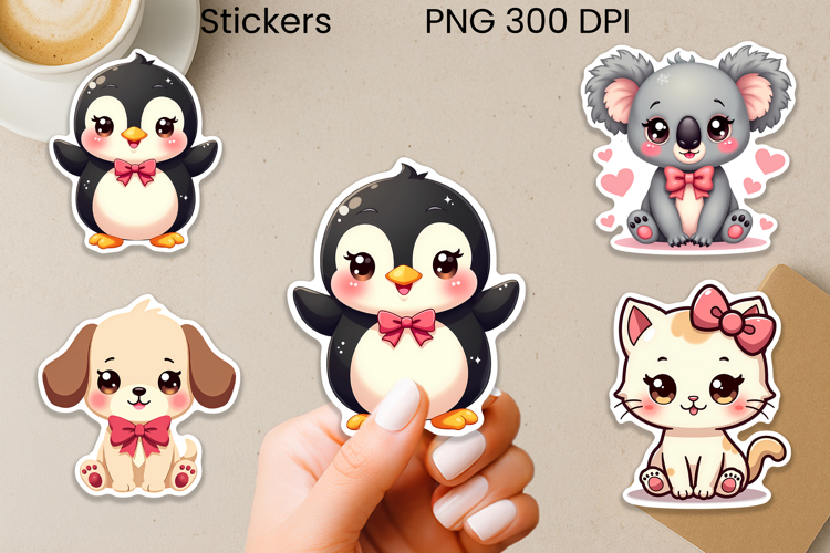 Cute animal with pink bows stickers printable example image 1