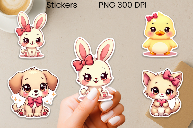 Cute animal with pink bows stickers printable example image 1