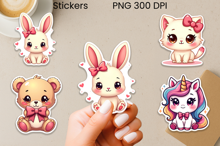 Cute animal with pink bows stickers printable example image 1