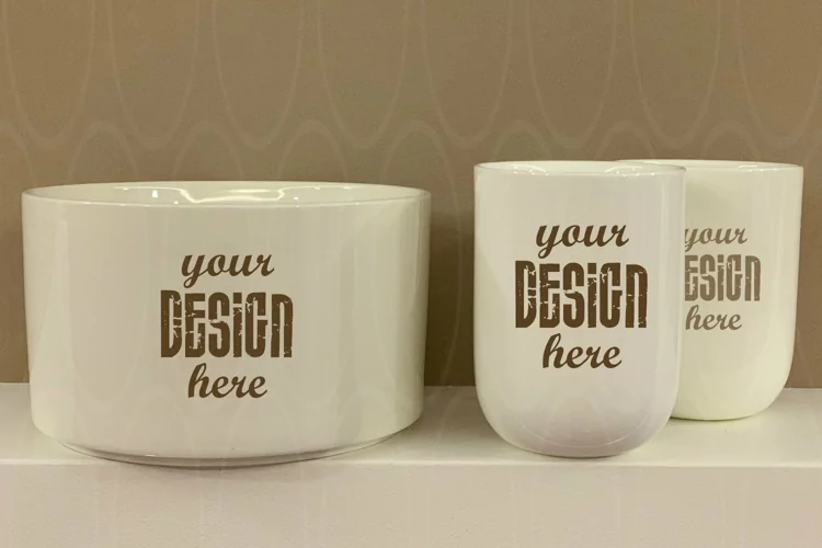 Mockup Two mugs and bowl Photography Kitchen dishes White