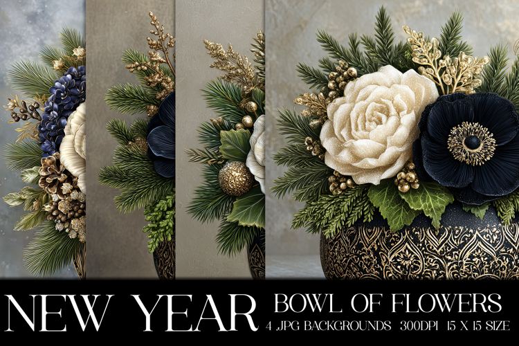 New Years Eve Background, Black Gold Flowers in Bowls