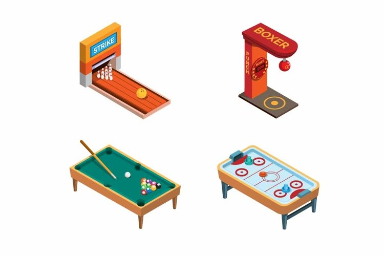 Bowling billiard and arcade game set isometric vector