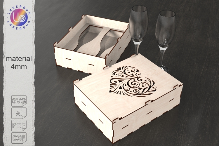 Two Glasses, Single Heart Lid, Wooden Gift Case 4mm