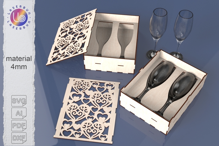 Wine Glass Gift Box SVG, Ornate Heart Pattern Lid