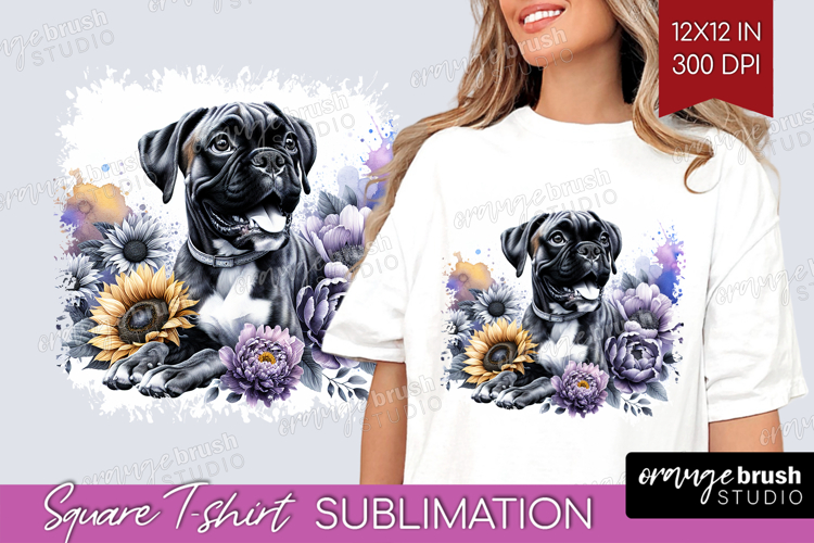 Boxer Dog Square Tshirt Background Floral Dog PNG