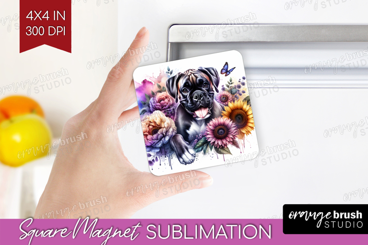 Boxer Dog Magnet Sublimation Floral Dog Square Magnet PNG