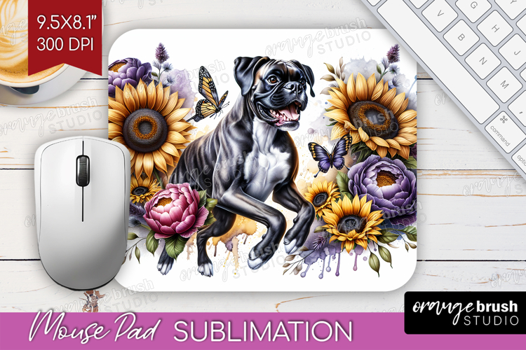Boxer Dog Mouse Pad Sublimation Floral Dog Mousepad PNG