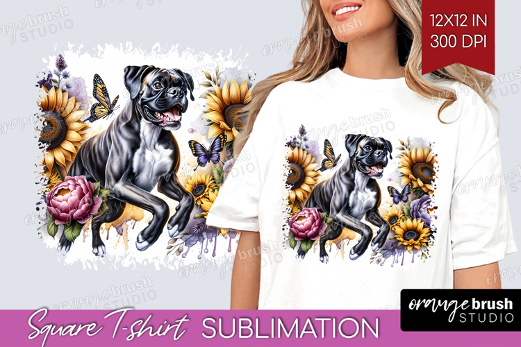 Boxer Dog Square Tshirt Background Floral Dog PNG