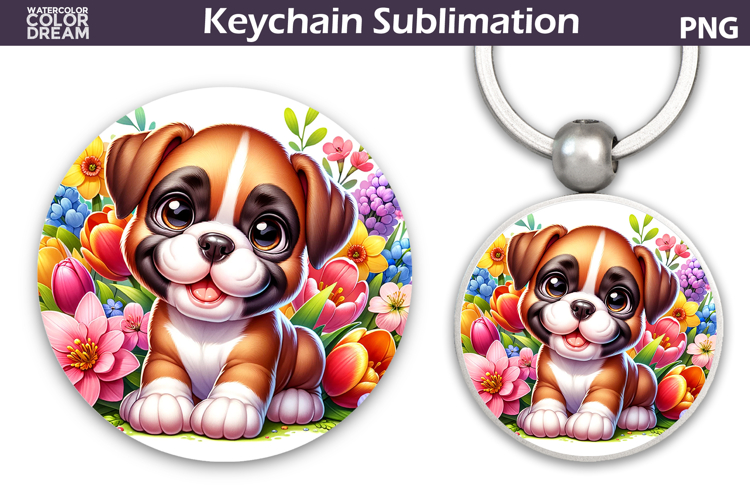 Boxer Round Keychain | Dog Floral Key Keychain