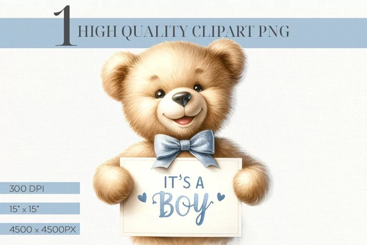 Watercolor It's A Boy Teddy Baby Shower Hi Res Clipart PNG