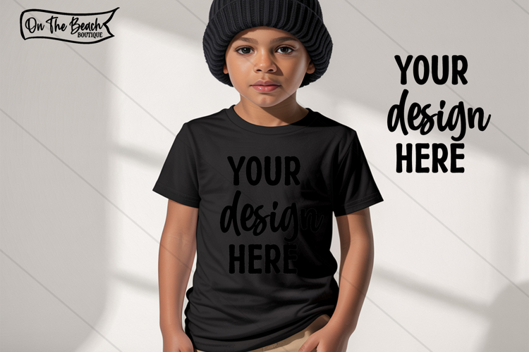 Boy Black Shirt Mockup Knit Hat Toddler Kids Bella Mock Up